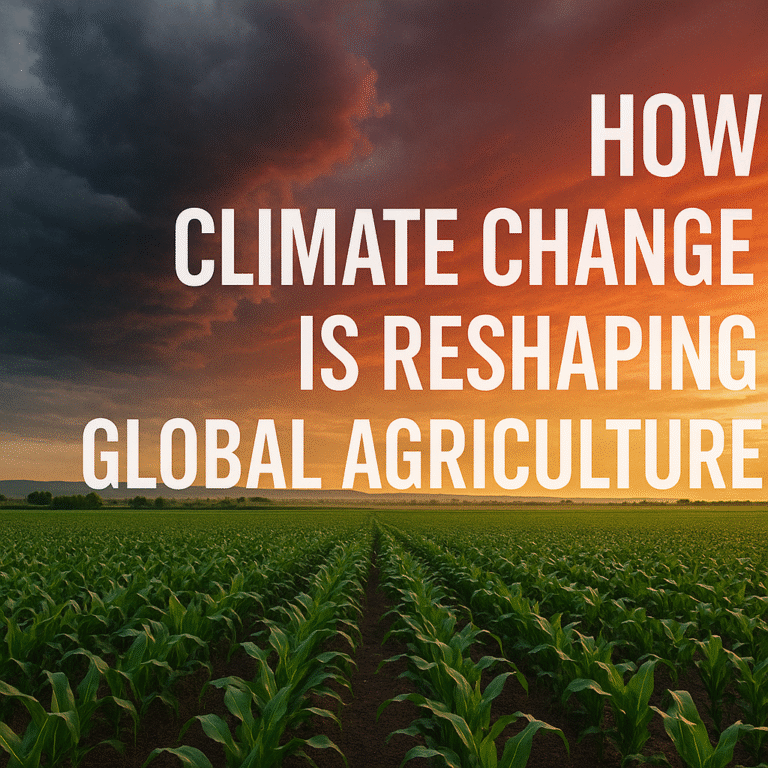 A dramatic photo of a green crop field under a stormy sky and sunset, with text “How Climate Change Is Reshaping Global Agriculture.”
