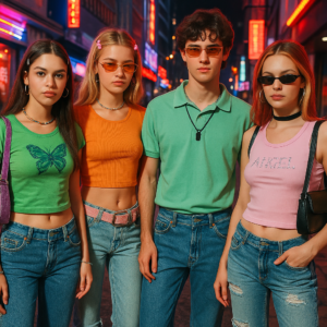 A group of stylish Gen Z models wearing Y2K-inspired outfits—low-rise jeans, baby tees, and chunky accessories—posing in a neon-lit urban street.
